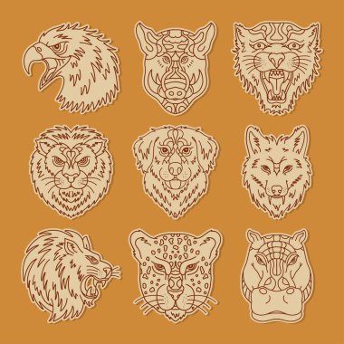 Animal Doodle Head Icons, Line Art Sticker Set