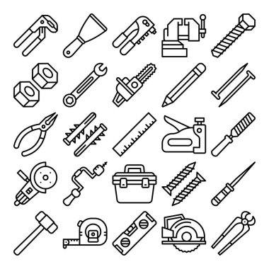 El çizimi araç ve inşaat simgesi temiz siyah çizgi sanatında ayarlandı