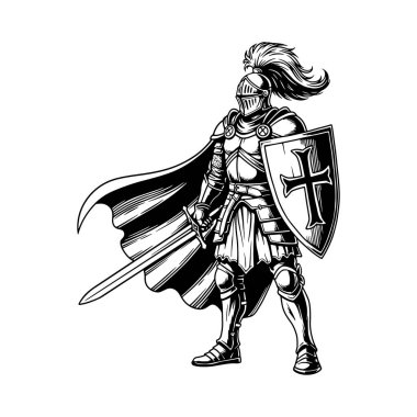 Ortaçağ Şövalyesi Kalkan ve Kılıç Siyah ve Beyaz Vektör İllüstrasyonu