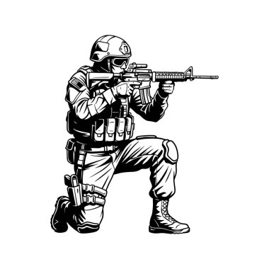 Taktik Silahlı Asker, Askeri Savaş Hattı Sanat İllüstrasyonu