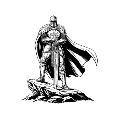Ortaçağ Şövalyesi Siyah Beyaz Çizgili Kılıç Sanat İllüstrasyonu
