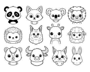 Çocuklar, Kawaii Hayvanat Bahçesi ve Orman Hayvanat Bahçesi Hayvanları Resimleri için Sevimli Hayvanların Yüzleri Renklendirme Sayfası