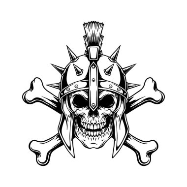 Dikenli Viking Kafatası Çapraz Kemik Çizgisi Sanat, Siyah ve Beyaz Kafatası Başlık Vektör İllüzyonu