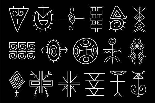 Ancient Tribal Symbol Collection, Abstract Sacred Glyphs Line Art on Black Background
