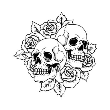 Çiçekli kafatası çizimi, güllü siyah beyaz kafatası, gotik çizgi sanatı