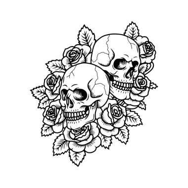 Çiçekli kafatası çizimi, siyah beyaz kafatası çizgisi, gotik dövme tasarımı.