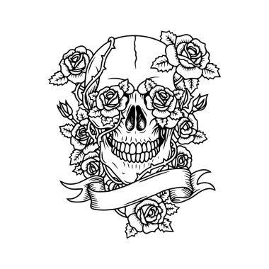 Çiçekli kafatası çizimi, siyah beyaz kafatası çizgisi, gotik dövme tasarımı.