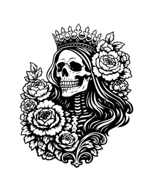 Kraliçe Kafatası Resimleri Crown and Roses, Gotik Çiçek İskelet Kraliçesi