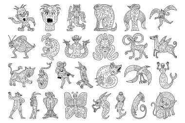 Ortaçağ sanat tarzında hayali yaratıklar ve tuhaf melezler.