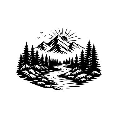 Çam Ormanı ve Nehirli Dağ Manzarası, Siyah ve Beyaz Doğa Çizimi