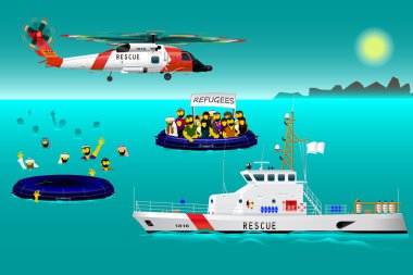 Helikopter Kurtarma ekipleri ve deniz gemi. Teknedeki mülteciler. Su üzerinde kaza. Su kurtarma. Her nesneyi ayrı bir katmana.