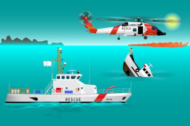 Helikopter Kurtarma ekipleri ve deniz gemi. Sahil Güvenlik. Tekne batıyor. Denizci bir tehlike sinyali alır. Su üzerinde kaza. Su kurtarma 