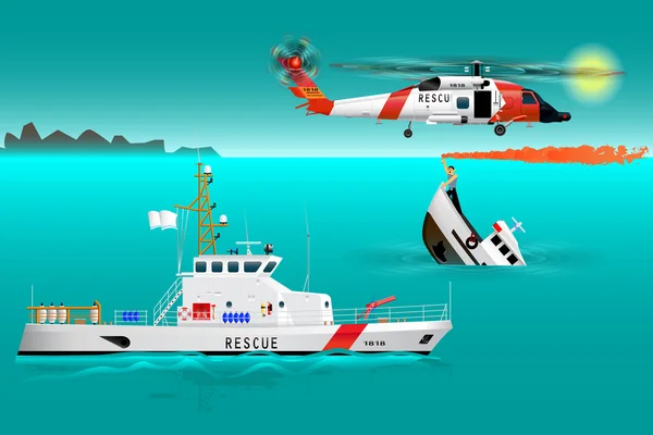 Equipas de resgate de helicóptero e navio no mar. Segurança costeira. Barco a afundar. O marinheiro recebe um sinal de socorro. O acidente na água. Resgate na água —  Vetores de Stock