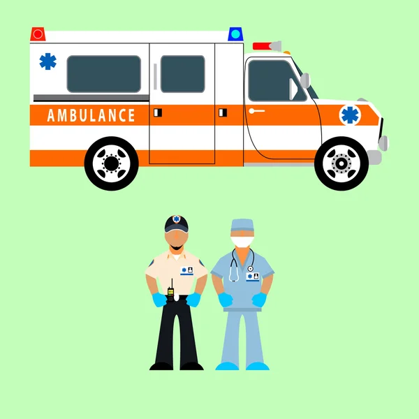 Illustration vectorielle ambulance, chauffeur d'ambulance et équipe médicale. Sauvetage . — Image vectorielle