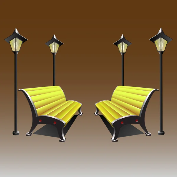 Yellow bench and lantern on a brown background