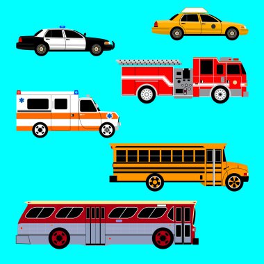 Set of the car icons in vector. Taxi, police car, fire truck, ambulance, school bus, city bus