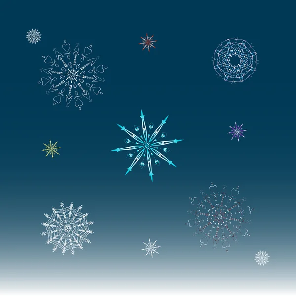 mavi bir arka plan üzerinde renkli kar taneleri