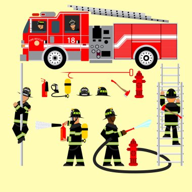 fire truck and fireman, fire brigade, team, attributes, sets fire brigade, rescue, vector graphics