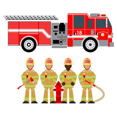 fire truck and fireman, fire brigade, team, attributes, sets fire brigade, rescue, vector graphics, wear yellow 1