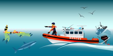 Rescue boat and fishermen at sea. The collapse of the sea. A sinking ship. Shark. Fishing net. Rescue at sea. Lifeguard boat. Swimmer