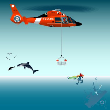 Red rescue helicopter and fishermen at sea
