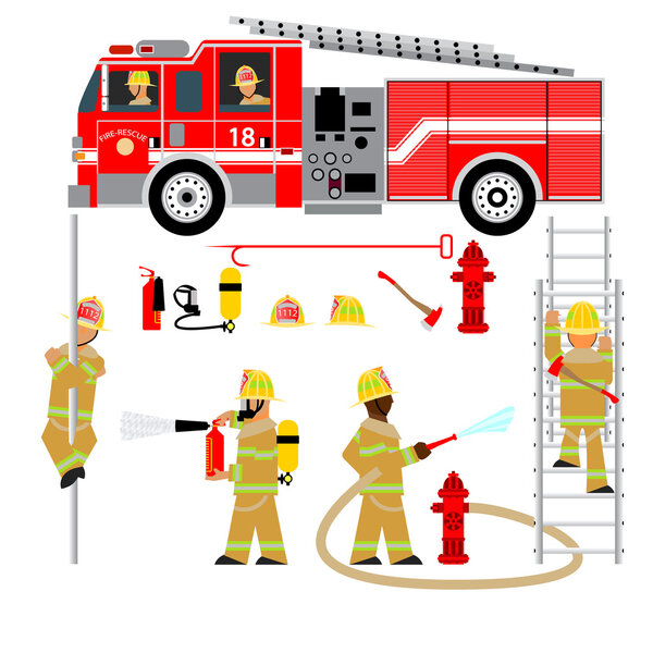пожарная машина и пожарный, пожарная команда, команда, атрибуты, наборы пожарной бригады, спасение, векторная графика, износ желтый 2
