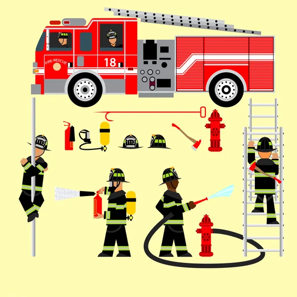 Camión de bomberos y bombero, bomberos, equipo, atributos, establece brigada de bomberos, rescate, gráficos vectoriales — Vector de stock