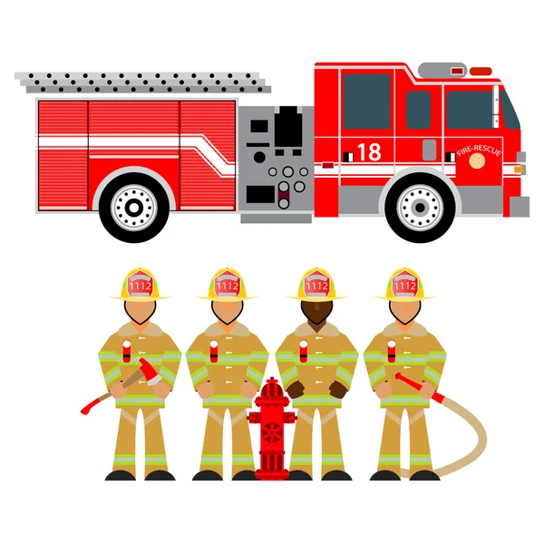 Fire truck and fireman, fire brigade, team, attributes, sets fire brigade, rescue, vector graphics, wear yellow 1 — Stock Vector