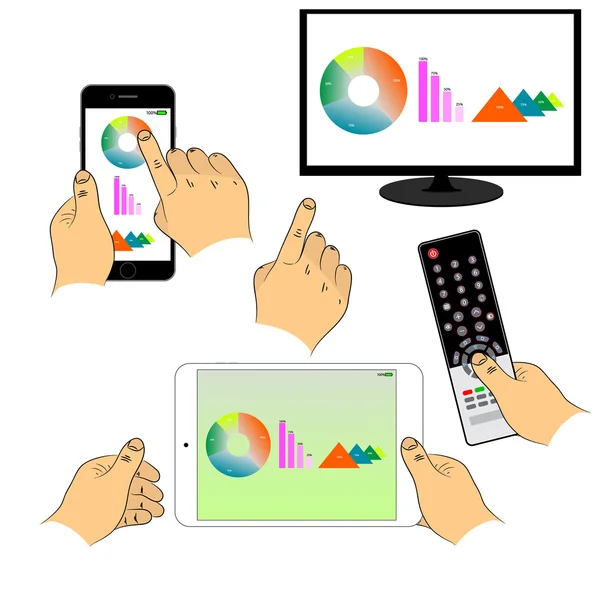 Set of hands and devices: phone, TV, Computers tablet, remote for the TV. You can use infographics, in web design, in graphs