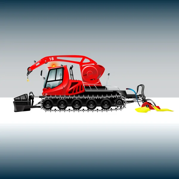 Red snowcat with crane, bucket. Crawler bulldozer for clearing snow and seals
