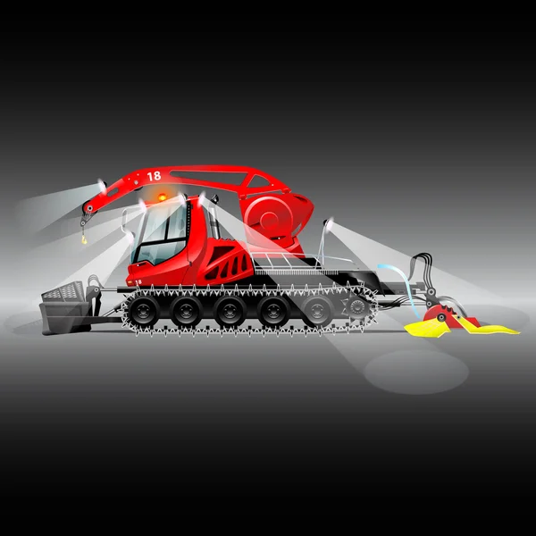 Red snowcat with headlights, crane, bucket. Crawler bulldozer for clearing snow and seals. Work at night