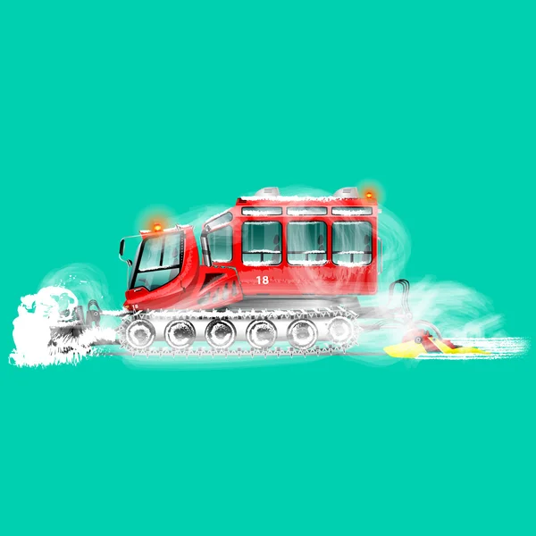 Red snowcat. Crawler bulldozer for clearing snow and seals. It is intended for transportation of people. Work in a snowstorm. Isolated. Green background.
