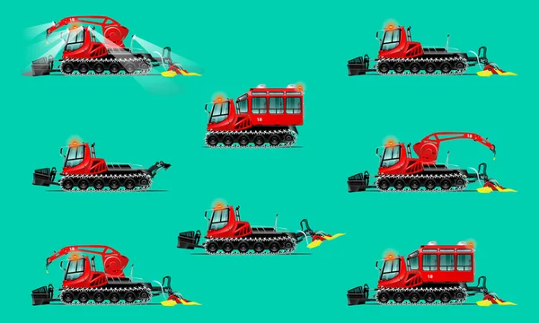 Set red snowcats with headlights, crane, bucket. Various modifications. Crawler bulldozers for clearing snow, seals and transportation of people. Each instance on a separate layer.