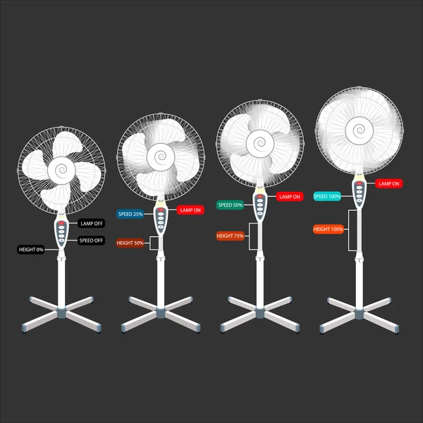 White electric fan set for infographics and design. different speed rotation and height of the fan. isolation
