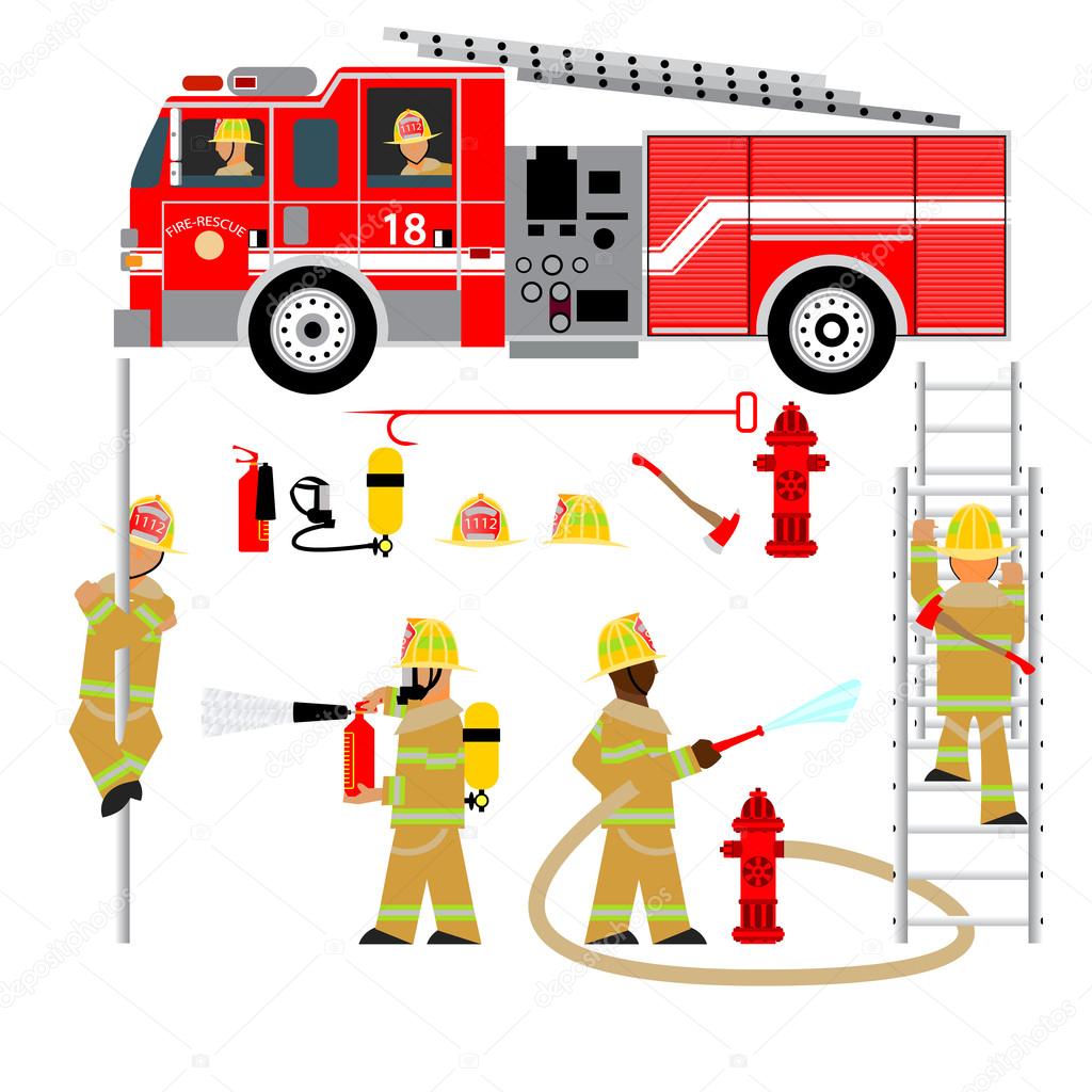 fire truck and fireman, fire brigade, team, attributes, sets fire brigade, rescue, vector graphics, wear yellow 2