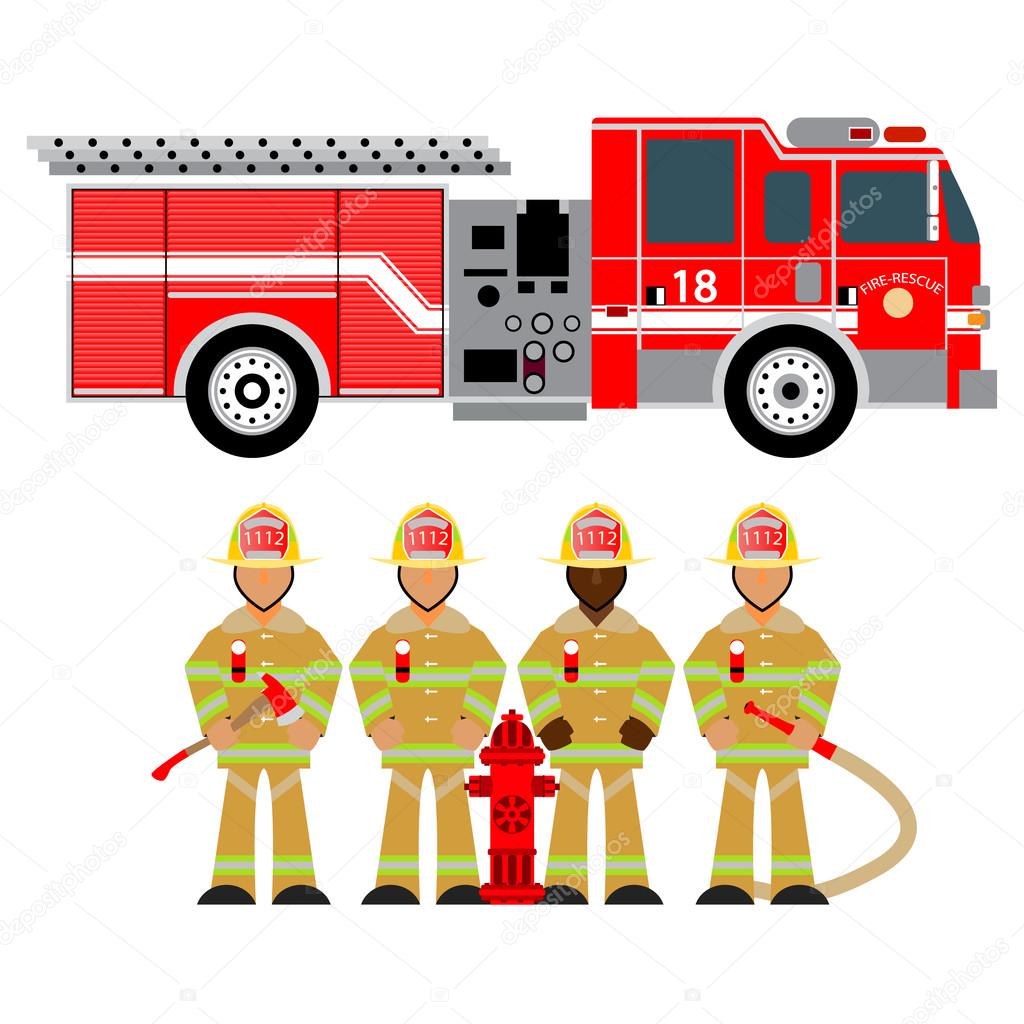 Camion de pompiers et pompier, pompiers, équipe, attributs