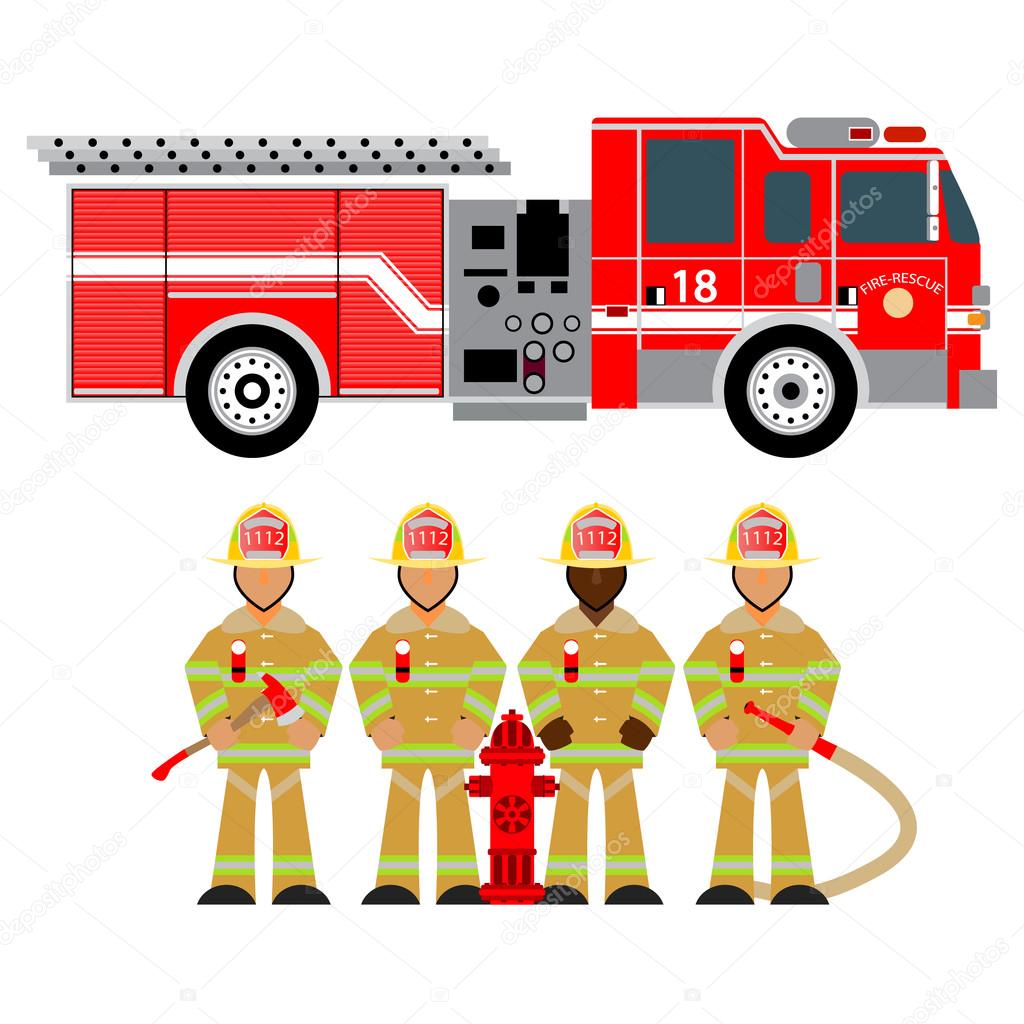 fire truck and fireman, fire brigade, team, attributes, sets fire brigade, rescue, vector graphics, wear yellow 1