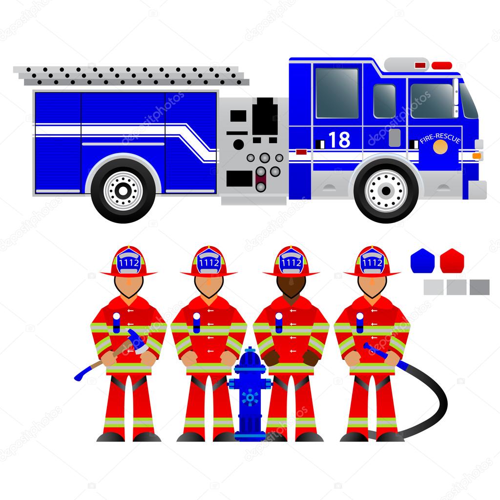 fire truck and fireman, fire brigade, team, attributes, sets fire brigade, rescue, vector graphics, wear red and blue