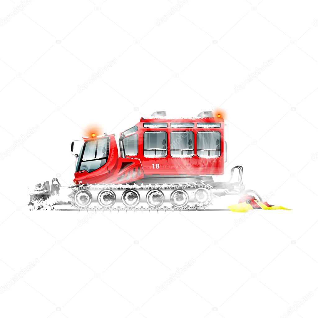 Red snowcat. Crawler bulldozer for clearing snow and seals. It is intended for transportation of people. Work in a snowstorm. Isolated. White background.