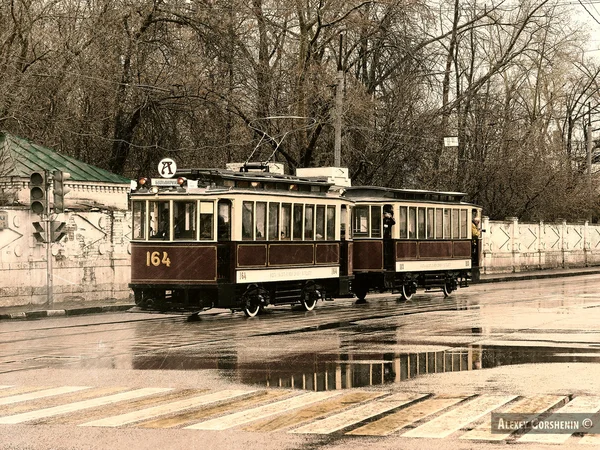 Tramvaylar Moskova'da resmi geçit vintage tramvay. — Stok fotoğraf