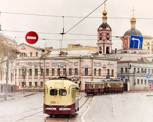 I tram vintage sulla sfilata dei tram a Mosca . Fotografia Stock