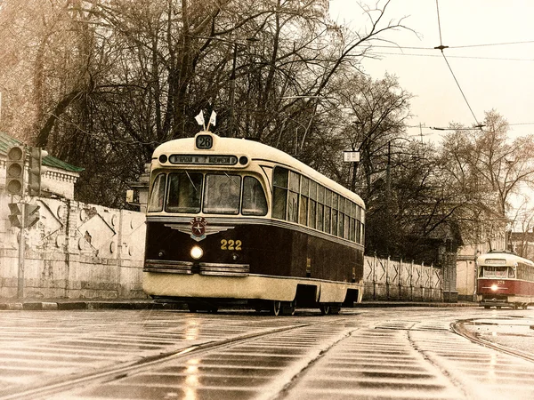I tram vintage sulla sfilata dei tram a Mosca . Immagine Stock