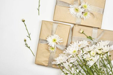 Bahar hediyeleri. Taze bahar çiçekleri ve hediye kutuları