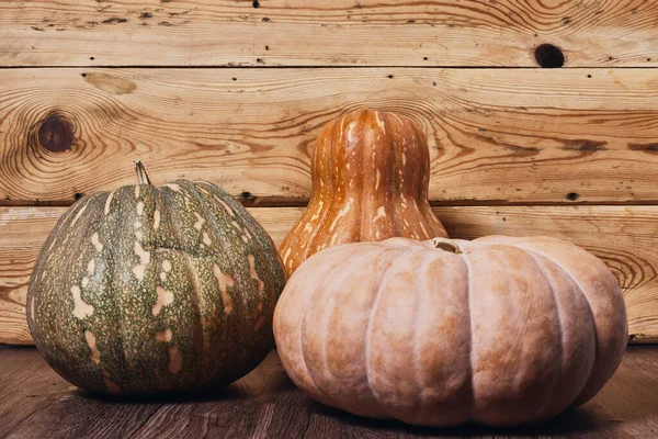 Tres calabazas sobre mesa de madera —  Fotos de Stock