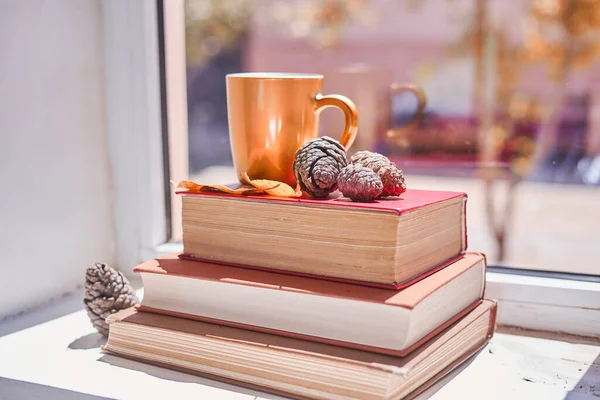 Fondo de otoño brillante con libros y taza de café — Foto de Stock