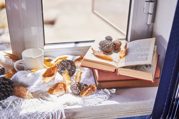 Latar belakang cerah musim gugur dengan buku-buku dan cangkir kopi — Stok Foto