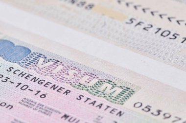 Pasaportunda Schengen vizesi var. Yakın plan.
