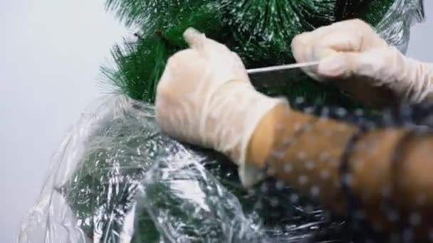 Unpacking Christmas tree. Unwrapping decorative Christmas tree — Stock Video