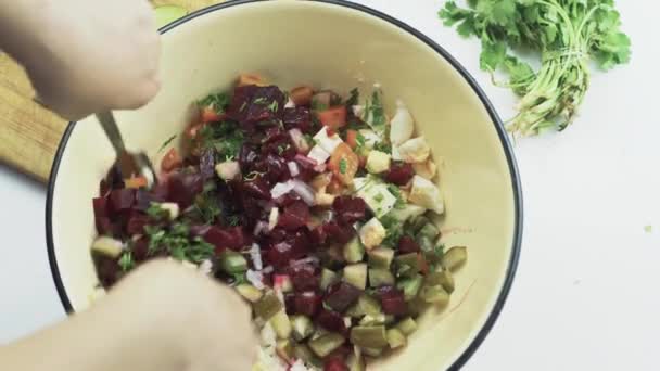 Une personne mélangeant les ingrédients de la salade de vinaigrette — Video