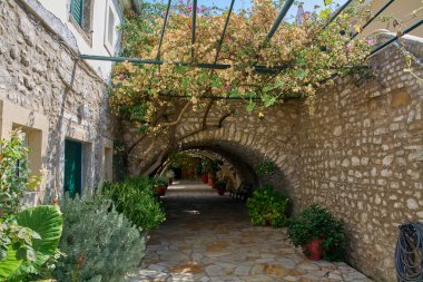 Korfu 'daki asfalt bir avlunun manzarası. Geleneksel taş duvarları olan saksı bitkileri ve yemyeşil bitki örtüsünü destekleyen metal bir çardak.